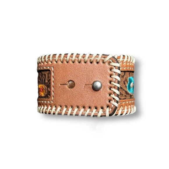 Justin Western Genuine Leather Cuff Bracelet Floral Tooled Embroidered Cowgirl - Picture 3 of 5